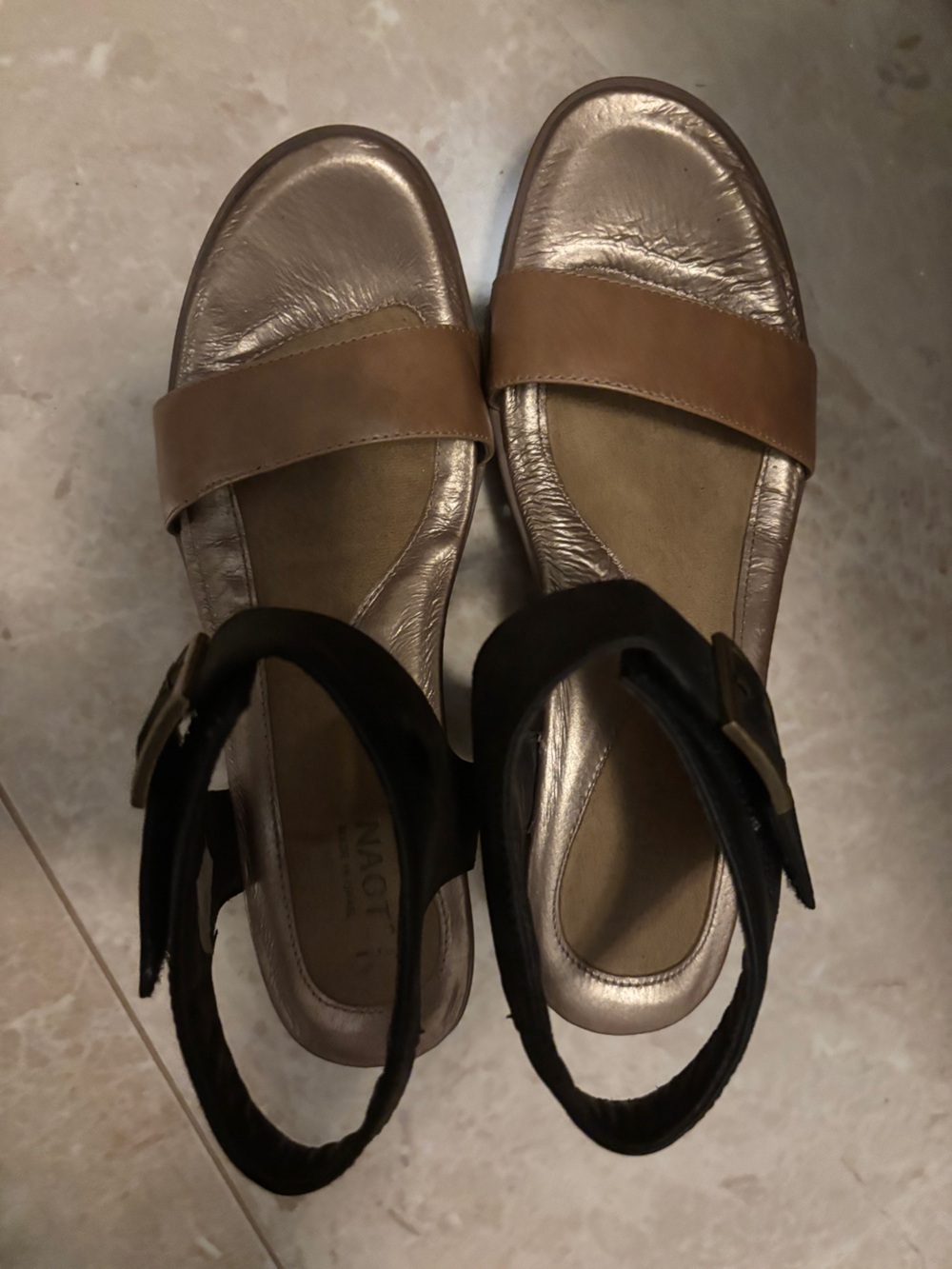 Naot Metallic Footbed Sandals with Tan & Black Straps